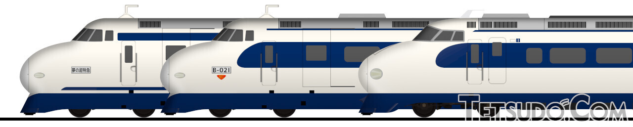 東海道新幹線の開業前に「モデル線」を走った1000形（左から「A編成」「B編成」）と、営業用車両の0系（右）