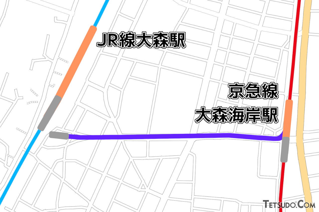 現在の地図に、営業末期の大森支線（紫線）を重ねた図。同線の営業当時、大森駅と大森海岸駅は灰色の位置にありました。また、大森支線の大森駅は、開業当時はループ線を描いていました（国土地理院「地理院地図Vector」の淡色地図に加筆し作成）