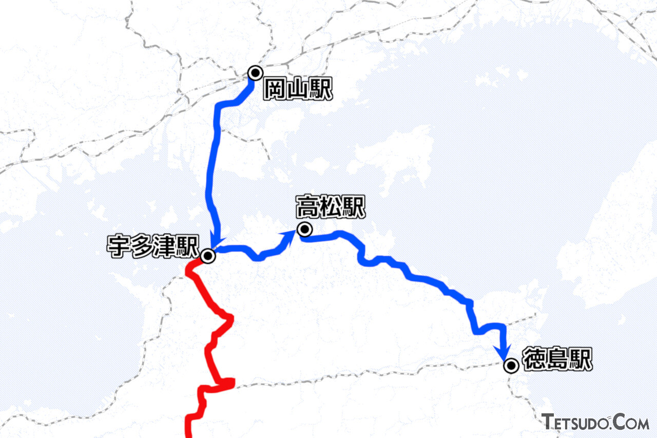 岡山駅発の「うずしお」の運転経路（青線）。宇多津駅で「南風」（赤線）と連結を切り離した後にスイッチバックし、高松駅で再度スイッチバックしています