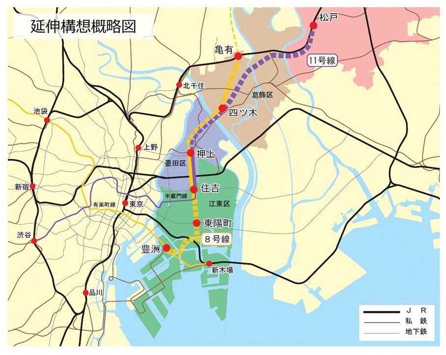 有楽町線と半蔵門線の延伸構想の概略図（画像：江東区）