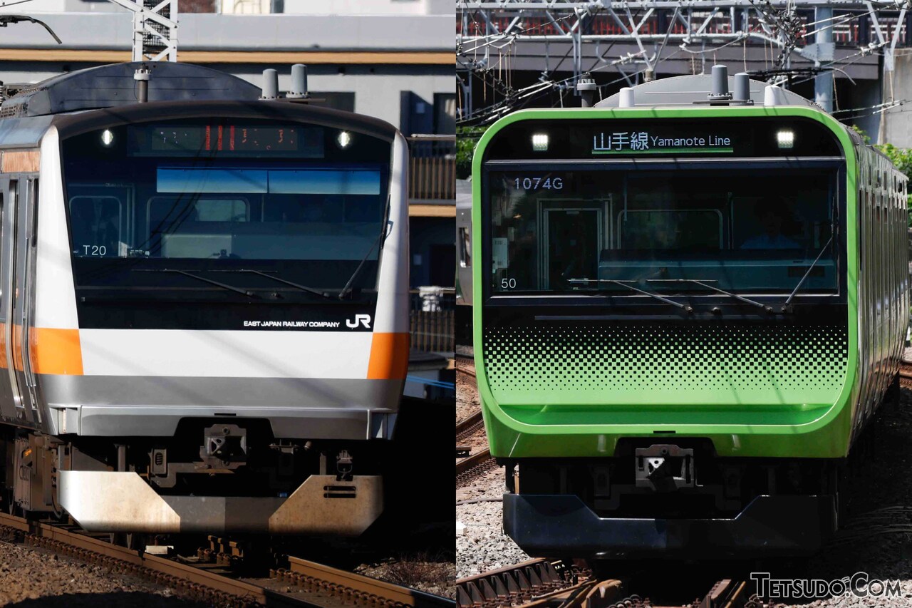 中央線と山手線の電車。現在、両線は列車の運用が分かれていますが、かつては一体的な運用が組まれていた時期がありました