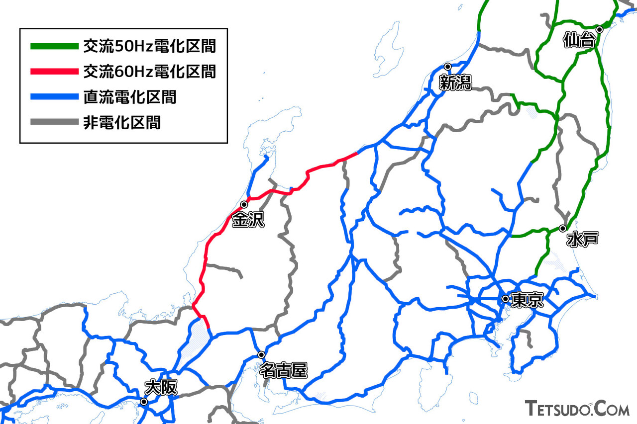E653系がデビューした1997年10月時点における、関東甲信越・東海・近畿地方のJR在来線および一部第三セクター路線の電化区分(国土地理院「地理院地図Vector」の淡色地図に加筆し作成)