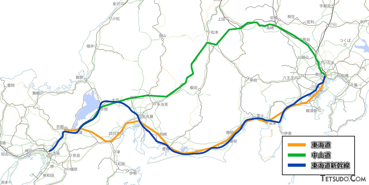 東海道と中山道、現代の東海道新幹線の比較（国土地理院「地理院地図Vector」の淡色地図に加筆）