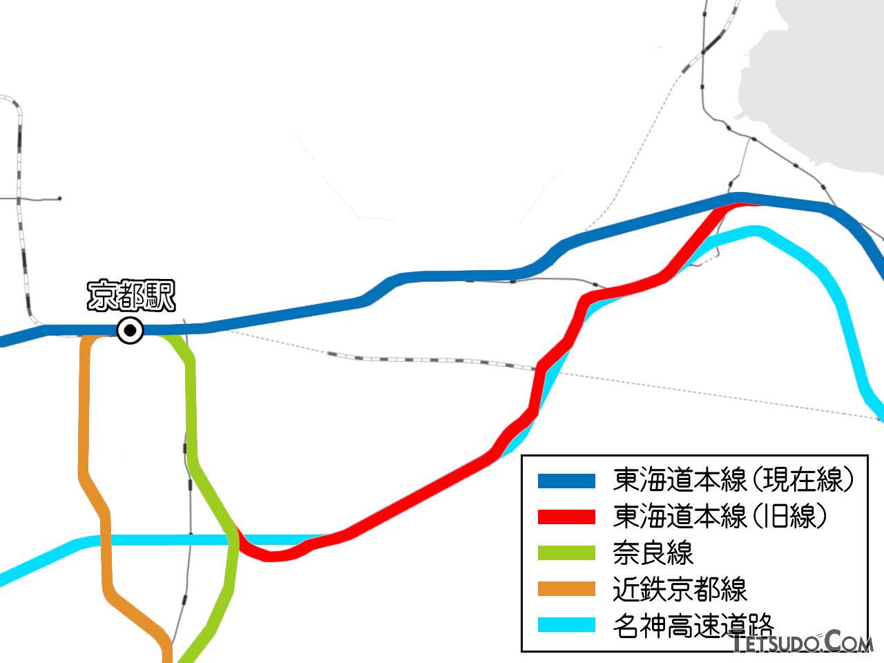 東海道本線旧ルートや奈良線などの地図（国土地理院「地理院地図Vector」の白地図に加筆）