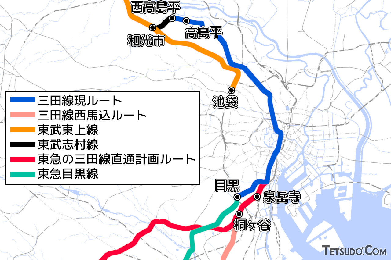 東武東上線や東急池上線などと直通する計画もあった三田線。駅名は、桐ヶ谷駅を除き、全て現在のものです（国土地理院「地理院地図Vector」に加筆し作成）