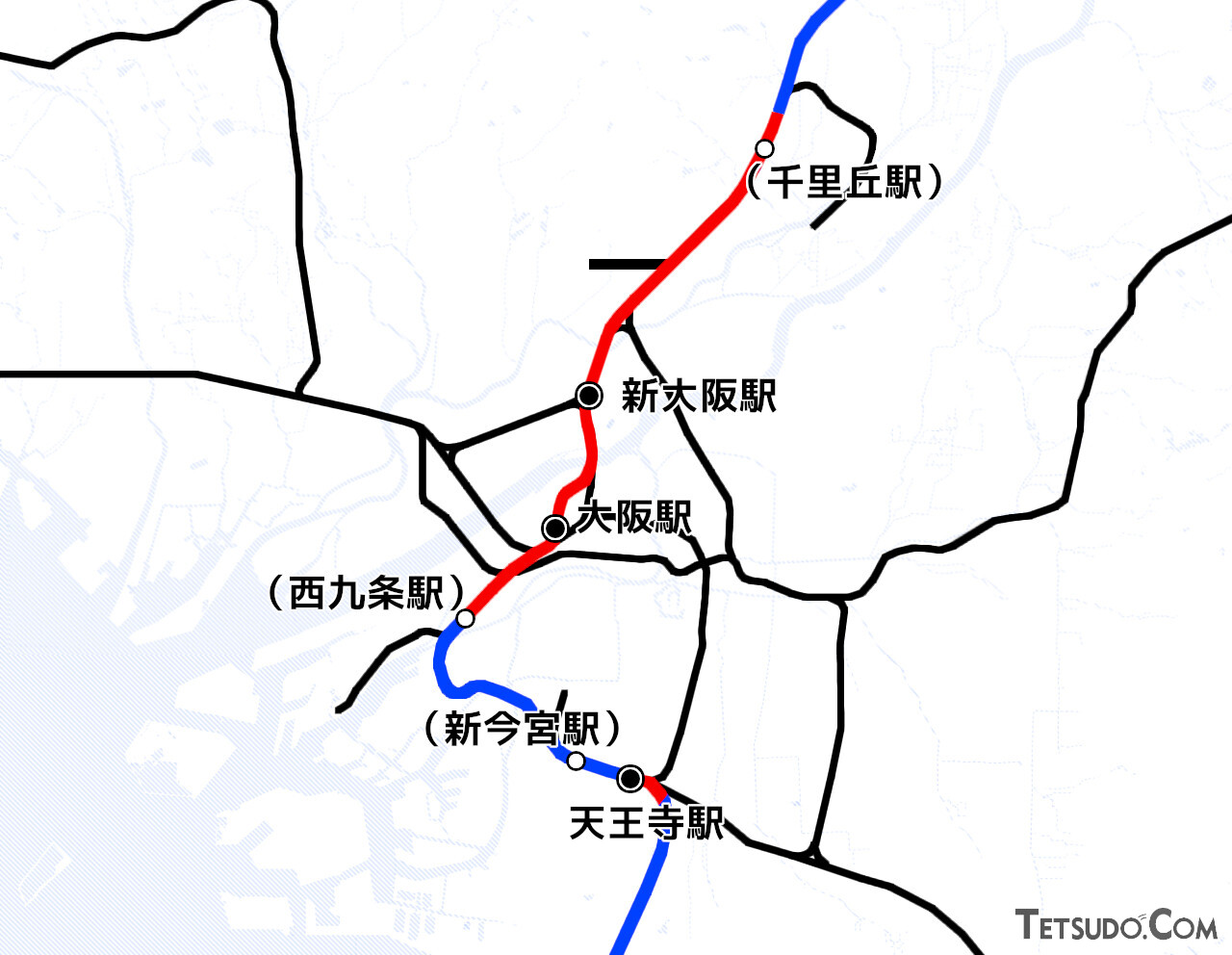 大阪付近の「はるか」の走行ルート（青線・赤線）と、同ルートで経由する貨物線や短絡線（赤線）