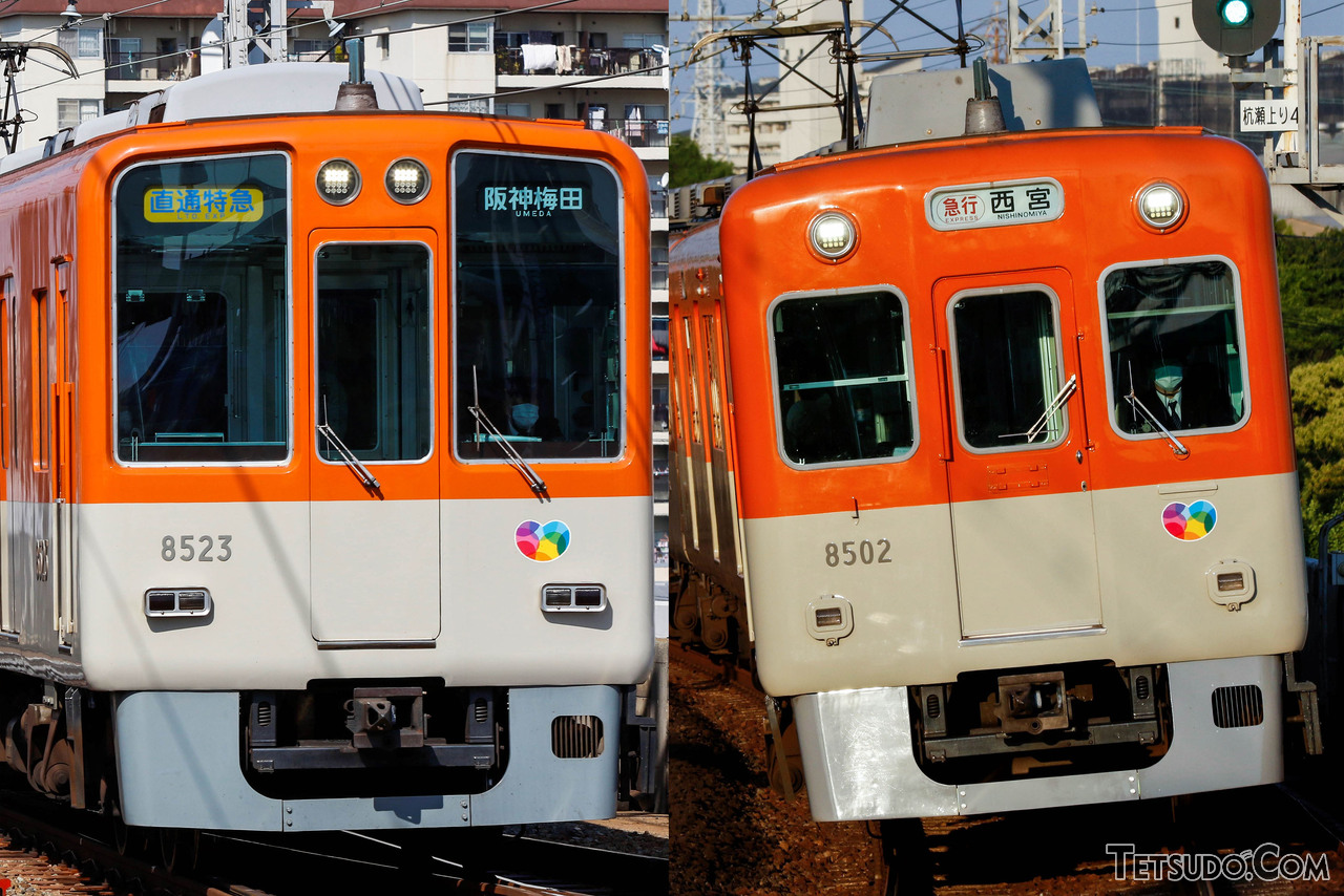 阪神の8523号車（左）と8502号車（右）。そのスタイルはまったく異なりますが、この2両は30年近く、同じ編成を組んでいます