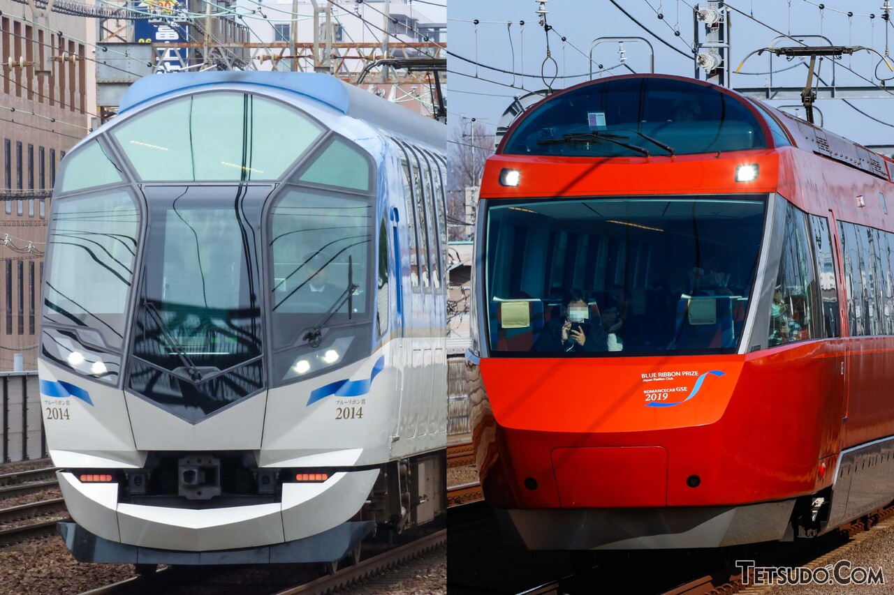 同率2位を獲得した近鉄50000系「しまかぜ」（左）と小田急70000形「GSE」（右）。どちらも鉄道友の会から「ブルーリボン賞」を受賞しました