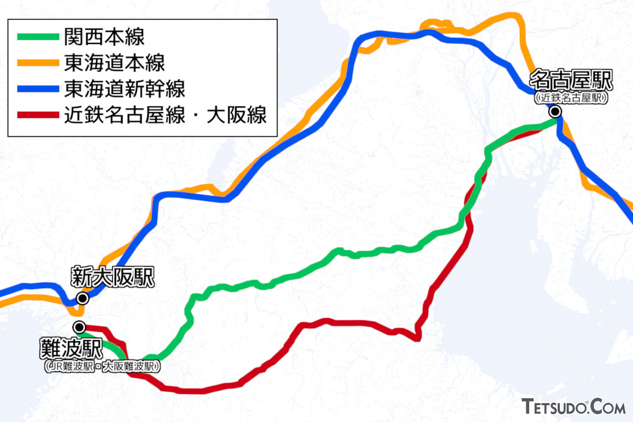 関西本線と名阪間で競合する各路線（国土地理院「地理院地図Vector」の淡色地図に加筆し作成）