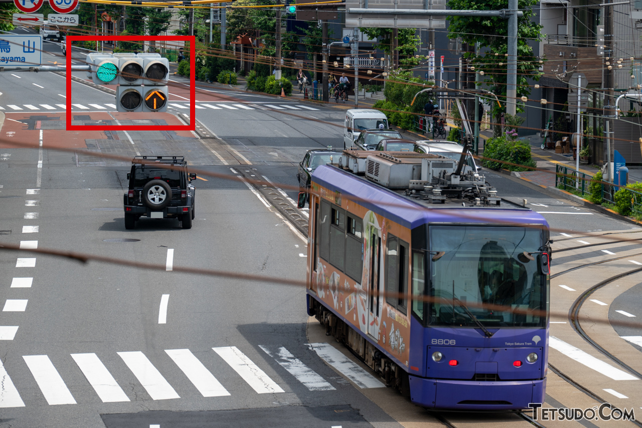 「黄色の矢印信号」は、路面電車専用の信号