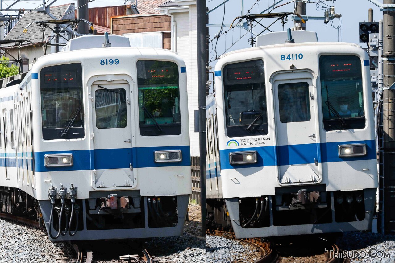 東武の8199号車（左）と84110号車（右）。番号の桁数が異なりますが、どちらも同じ「8000系」です