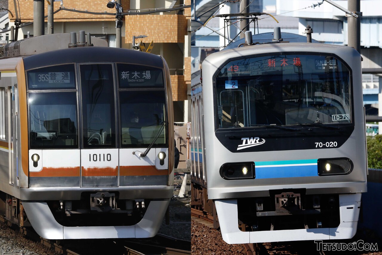 江東区の新木場駅を始発とする、有楽町線（左）とりんかい線の車両（右）