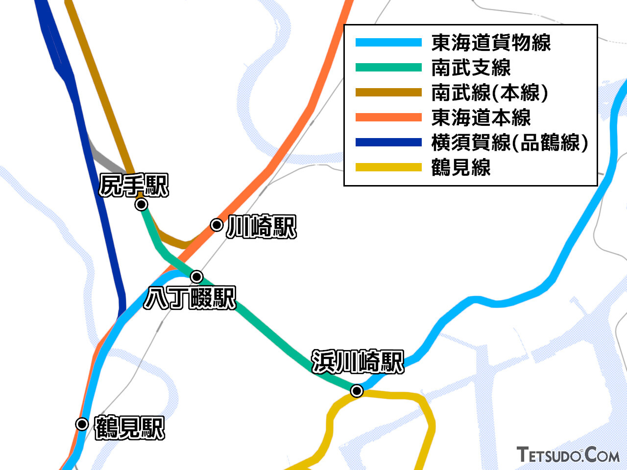 川崎・鶴見付近の路線図。東京貨物ターミナル駅から大阪方面へ向かう東海道貨物線は、浜川崎駅から八丁畷駅までの間、南武支線と同じルートを通ります（国土地理院「地理院地図Vector」の淡色地図に作図）