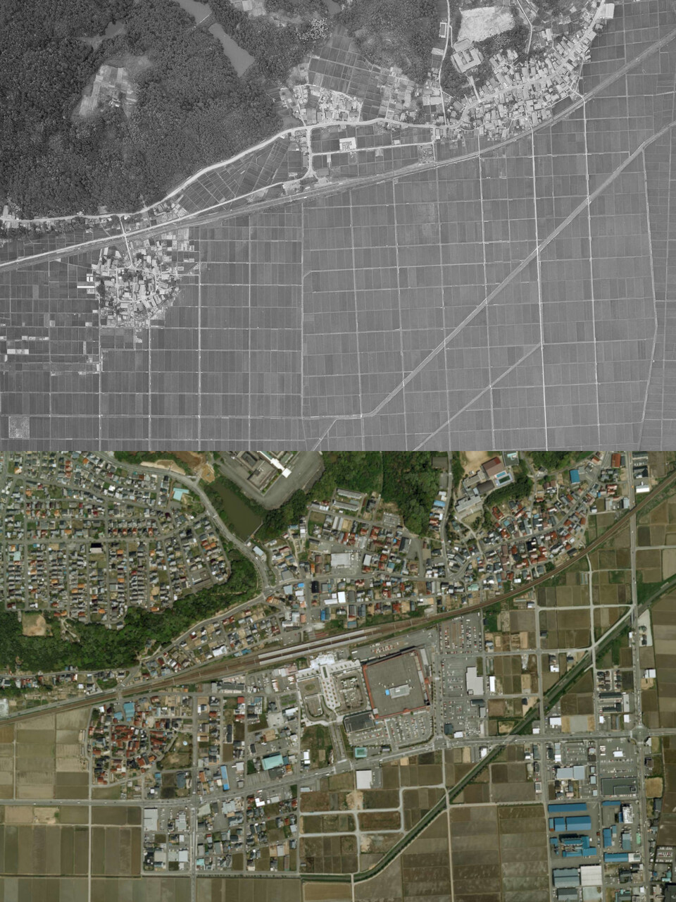 作見駅時代の航空写真（上、1963年撮影）と、加賀温泉駅の航空写真（下、2009年撮影）。現在は南側（画像下側）に、新幹線の線路・駅舎が建設されています（国土地理院の空中写真に加筆）