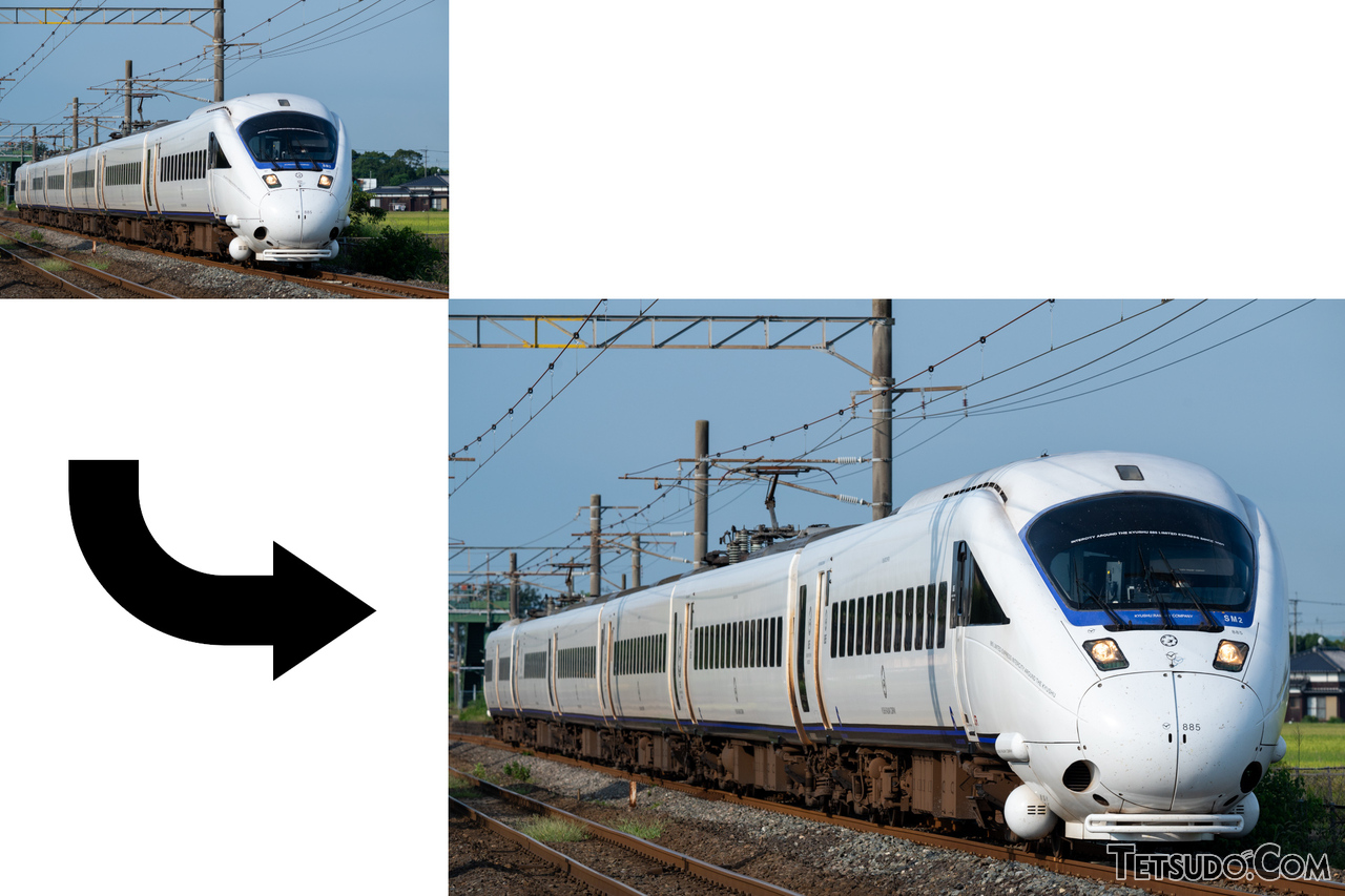 フレーム一杯に列車をおさめた編成写真（右下）。左上よりも収まりが良くなっています