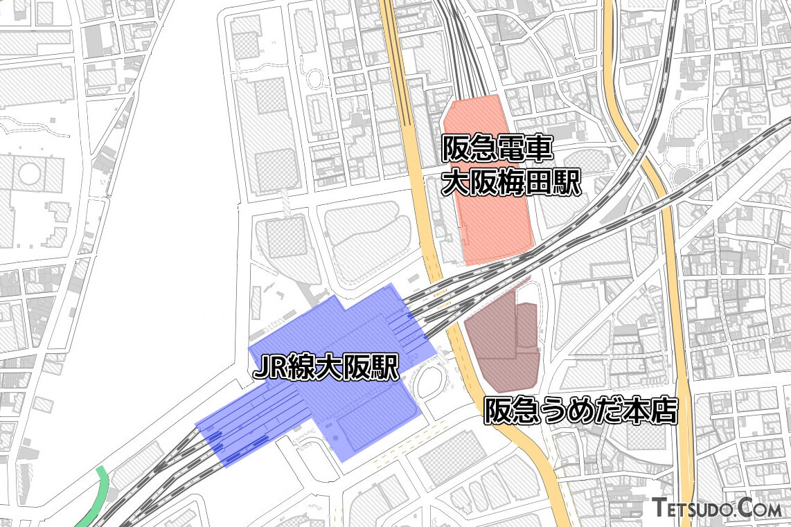 JR線の大阪駅と、阪急電車の大阪梅田駅、阪急うめだ本店の位置関係(国土地理院「地理院地図Vector」の淡色地図に加筆し作成)