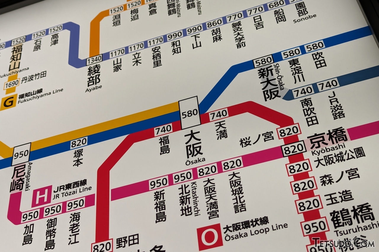 京都駅の運賃表。大阪駅までは580円ですが、福島駅・天満駅までは740円、塚本駅までは820円。値上がり幅の大きさが目を引きます