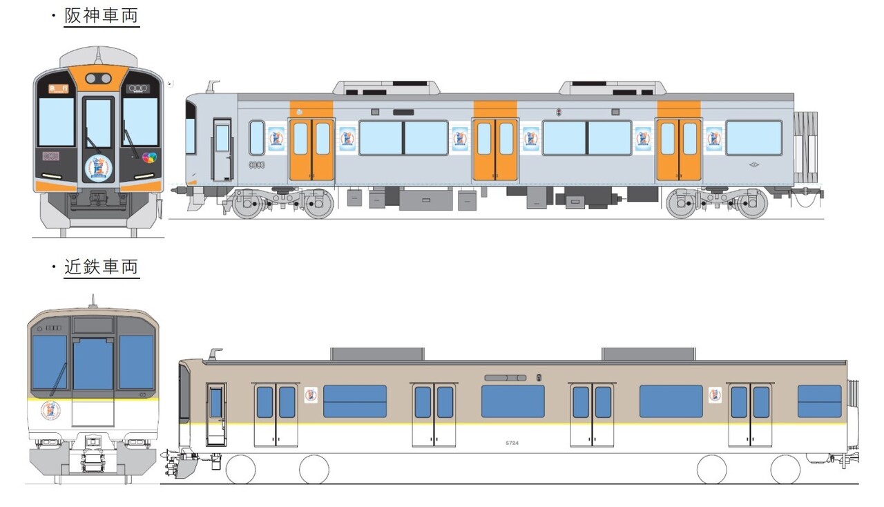 2024年3月20日から運転されている、阪神なんば線開業・直通運転開始15周年記念ロゴ掲出車両のイメージ画像。横から見ると、両社の車両規格の違いがわかります（画像：阪神電気鉄道）