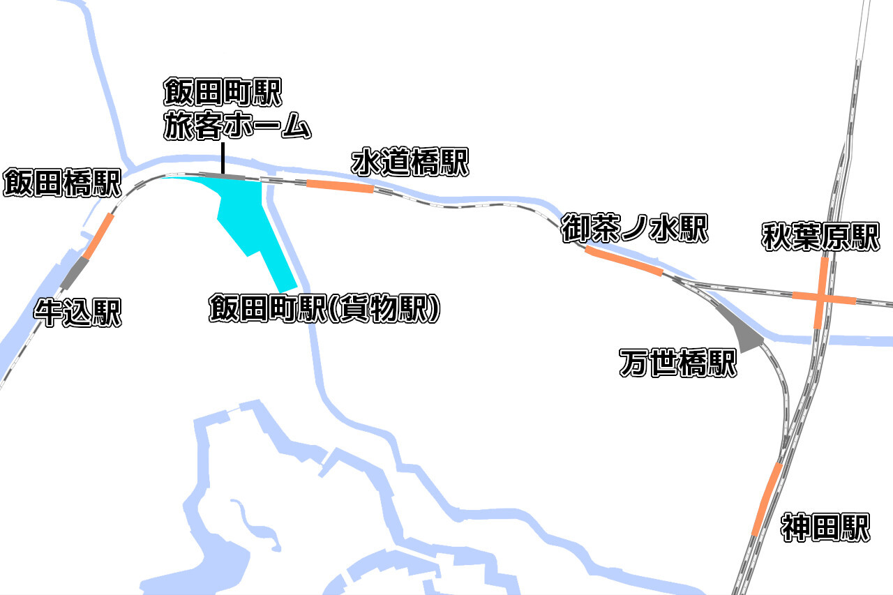 中央線神田～飯田町間およびその周辺の地図。かつては、神田～御茶ノ水間に万世橋駅、水道橋～飯田橋間に飯田町駅という、2つのターミナル駅が存在しました。万世橋駅開業前には仮駅「昌平橋駅」も存在していましたが、この地図では省略しています（国土地理院「地理院地図Vector」の淡色地図を加工し作成）