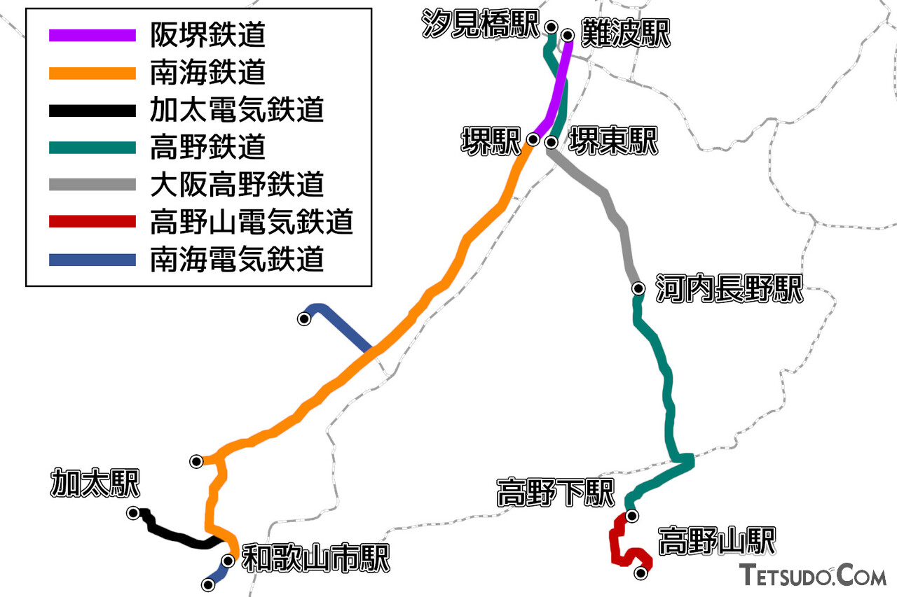 現在の南海電気鉄道の路線を建設した会社たち。社名は最終時のもので、駅名は現在のものです（国土地理院「地理院地図Vector」に加筆し作成）