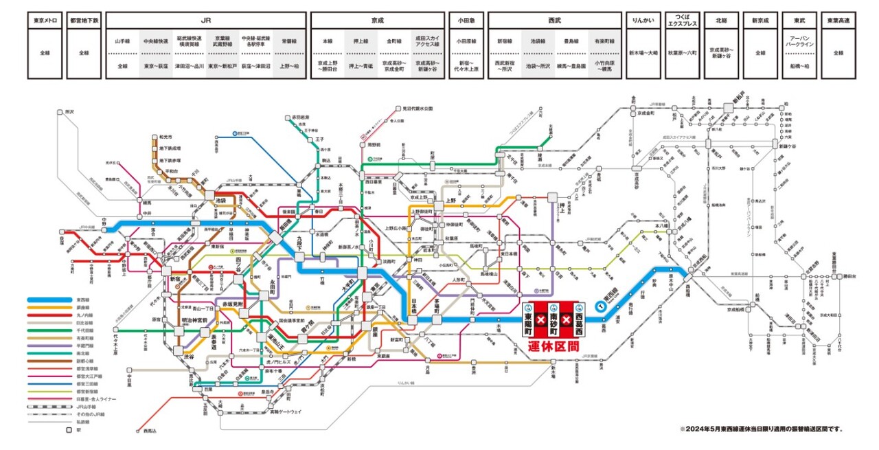 運休当日の振替輸送区間。両日限定で、新京成線や東葉高速線なども対象となっています