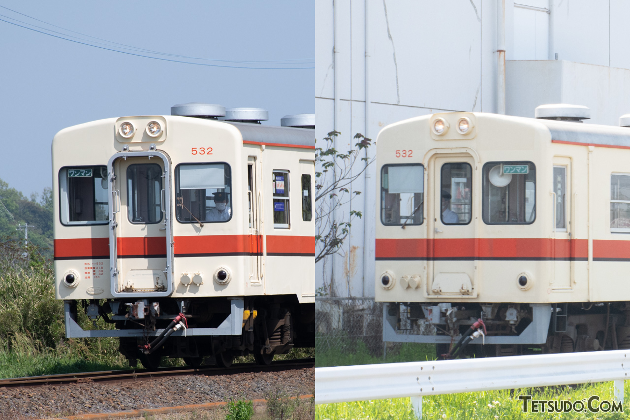 関東鉄道竜ヶ崎線のキハ532形。運転席の配置は、竜ヶ崎駅方面の運転台（画像右）は向かって右側、佐貫駅方面（画像左）は向かって左側と、車両前後で異なっています