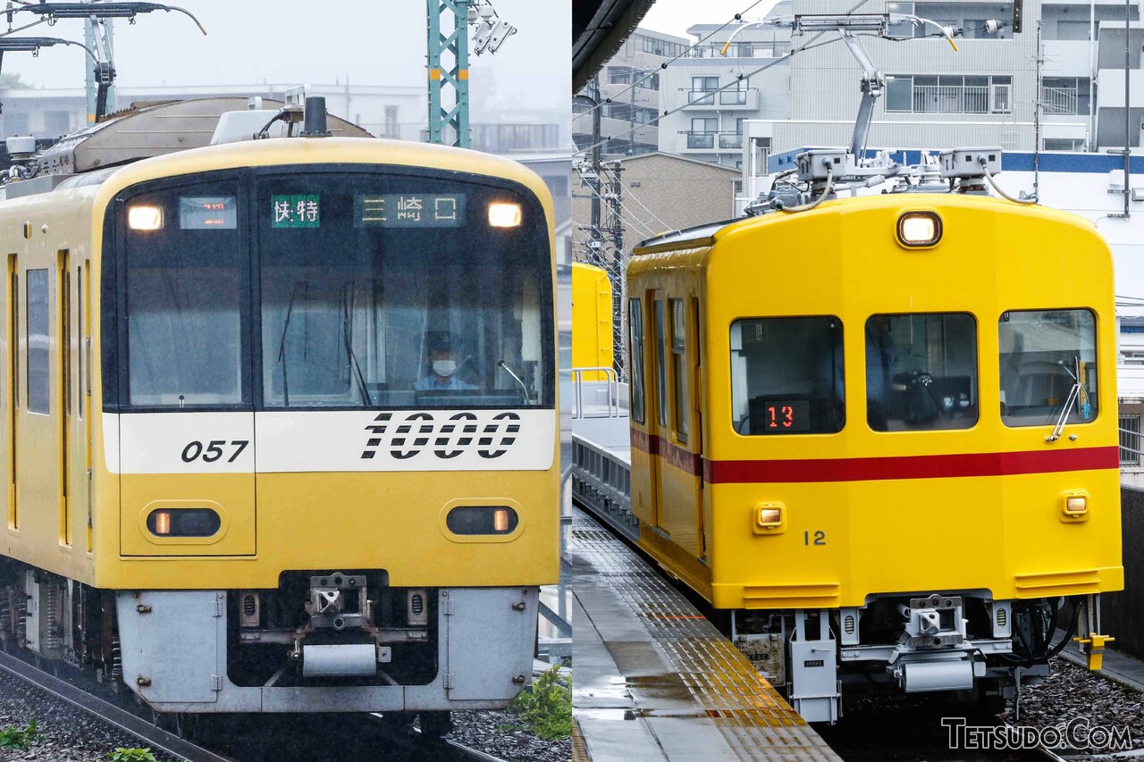 京急1000形の「KEIKYU YELLOW HAPPY TRAIN」（左）。写真右側の電動貨車が、その元ネタとなっています