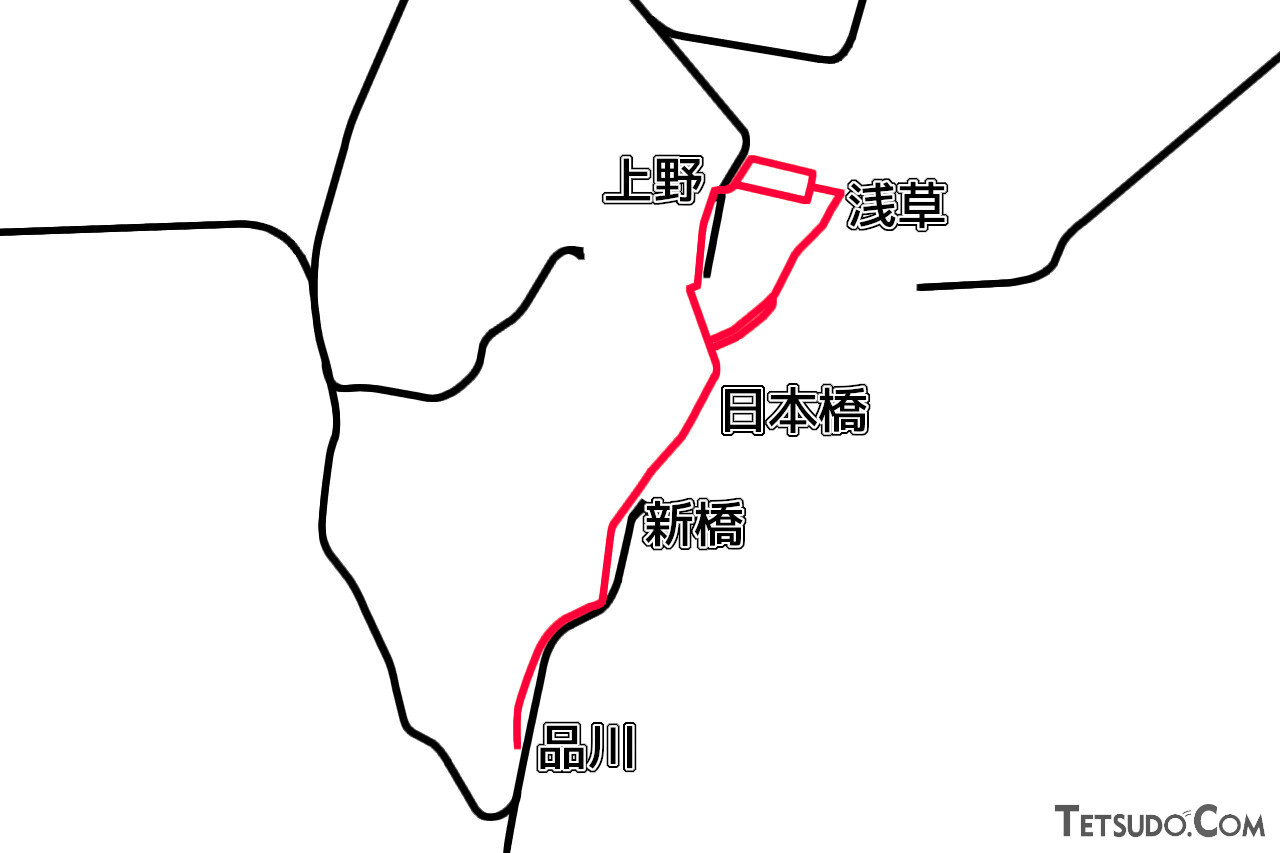 1900年当時の東京馬車鉄道の路線（赤）。東京駅付近の高架線が開業する前だった当時、新橋～日本橋～上野間を最短距離で結んでいた鉄道は、東京馬車鉄道の路線でした（1900年発行「東京全図」を基に作図）