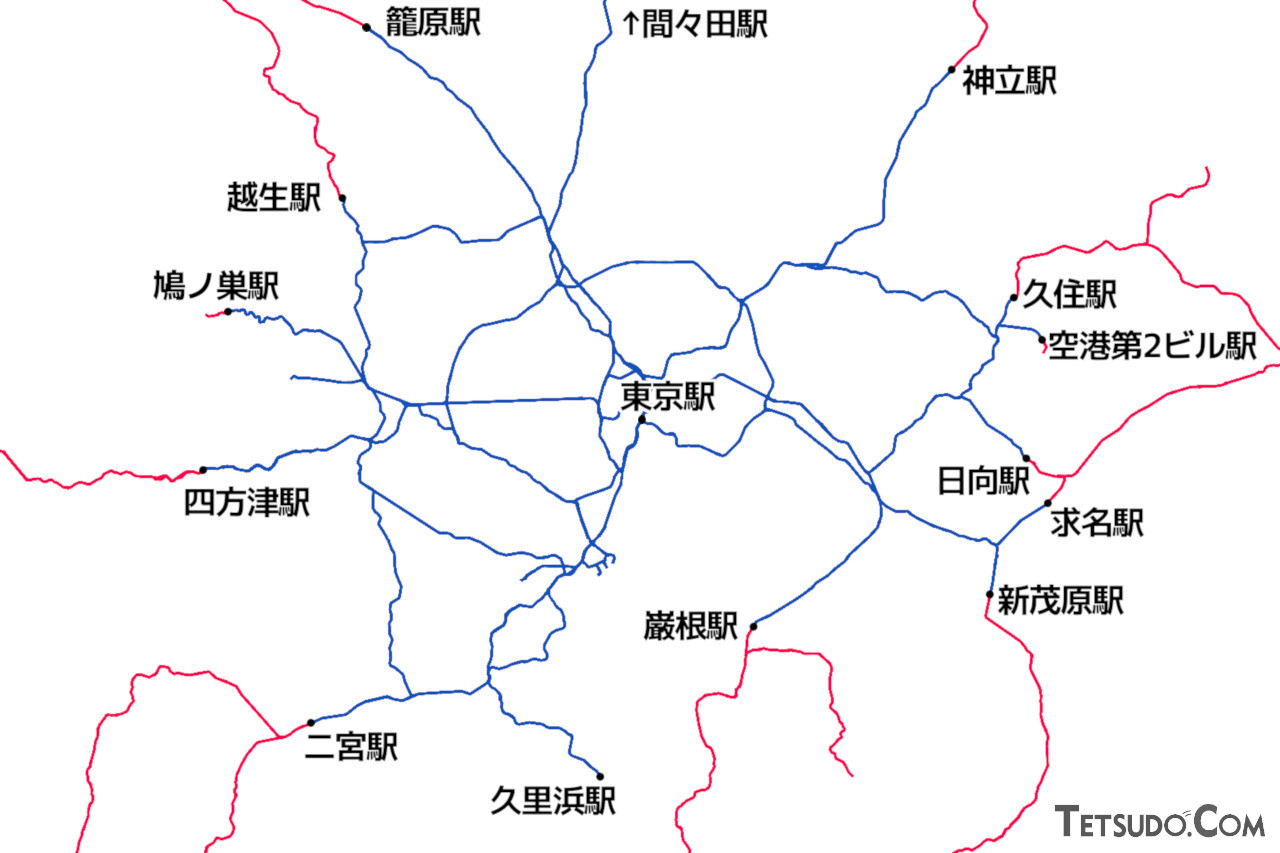 東京駅発で「青春18きっぷ」の元が取れる区間（赤線）と、元が取れる最初の駅となる境界駅（国土地理院「地理院地図Vector」を加工し作成）