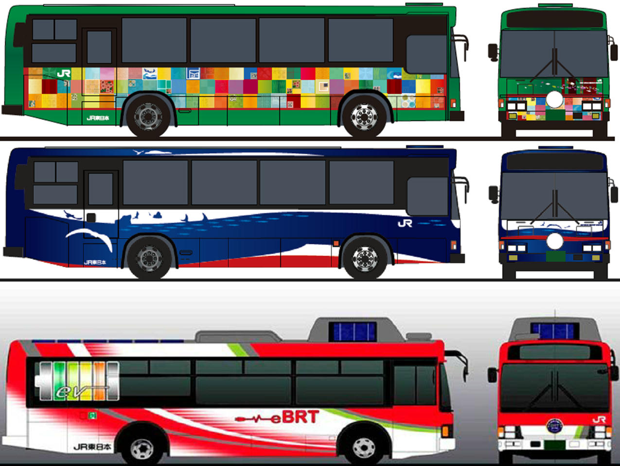 観光型BRT車両（上・中）、電気BRT車両（下）（イメージ）