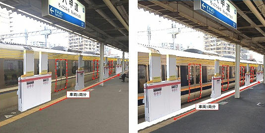 六甲道駅設置イメージ（左が3枚扉、右が4枚扉）