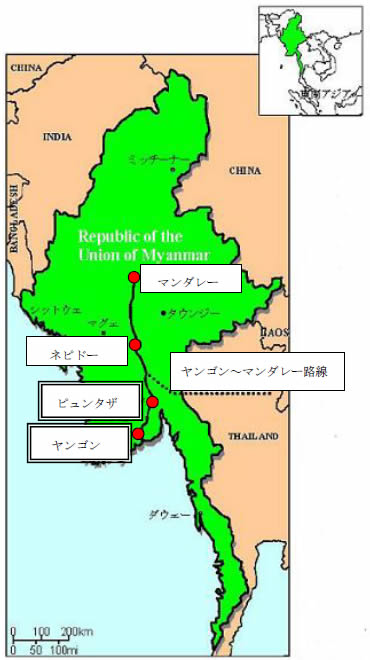 ヤンゴン～マンダレー路線図