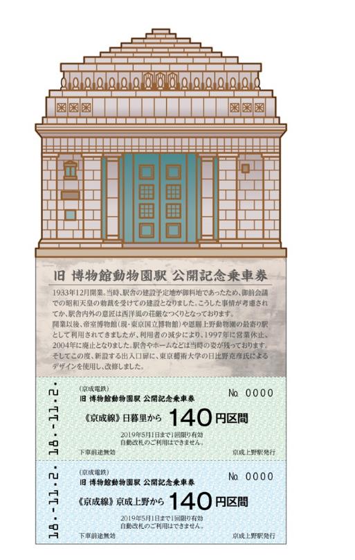 京成 旧博物館動物園駅 駅舎公開記念乗車券 発売（2018年11月2日