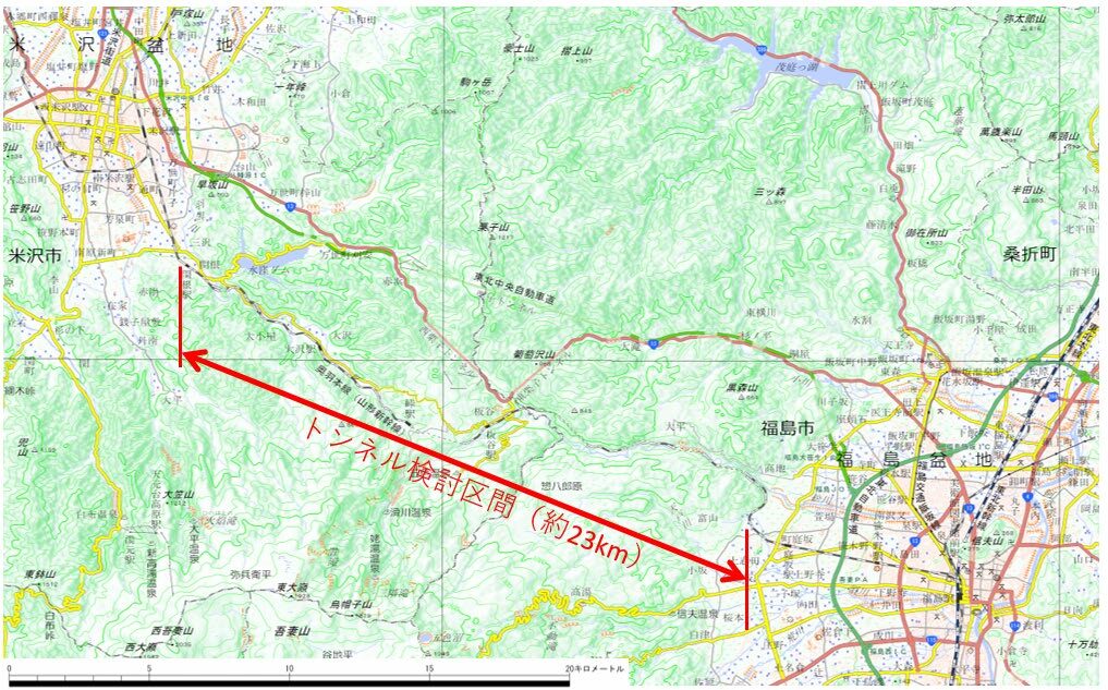 米沢トンネルの計画範囲図