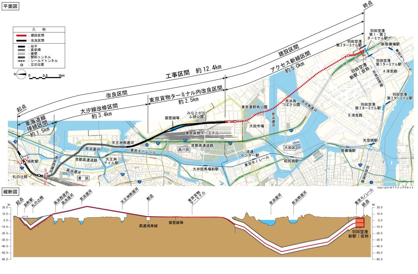 羽田空港アクセス線の平面図と断面図