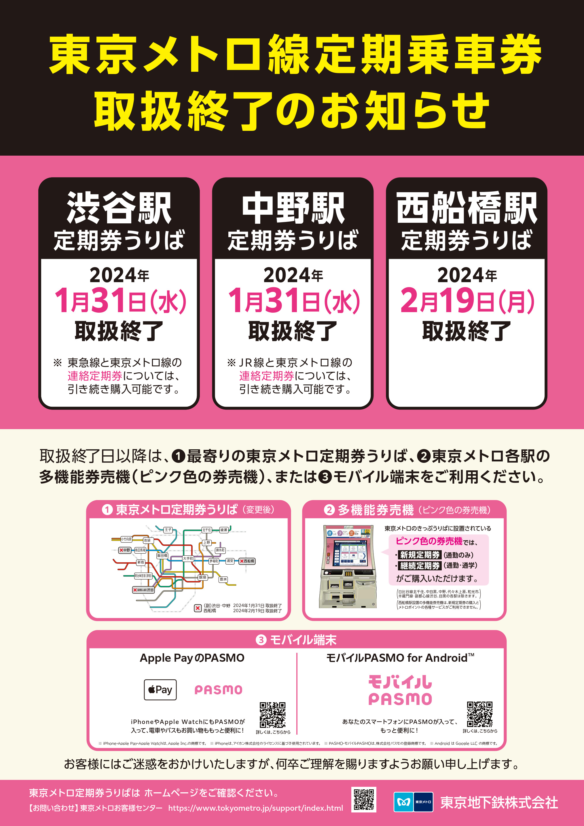 東京メトロ線定期券取扱終了