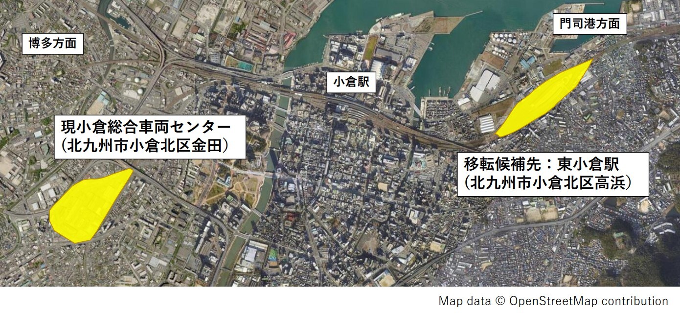 現車両基地と新車両基地の位置図