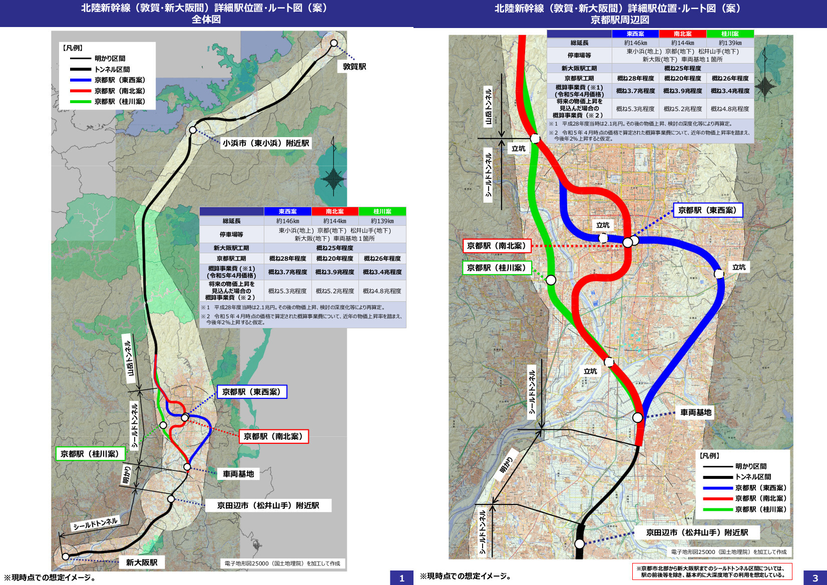 北陸新幹線敦賀～新大阪間のルート案全体図（左）と、京都駅付近のルート3案（右）