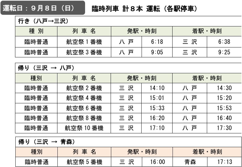 臨時列車時刻表