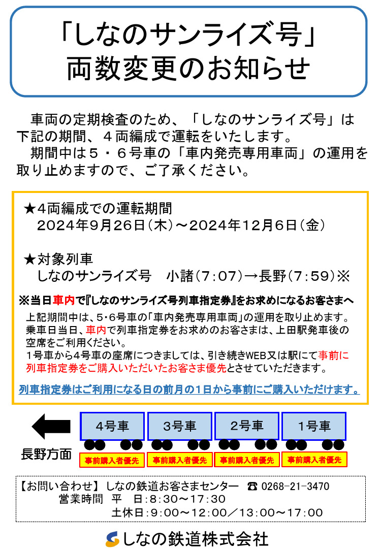 しなのサンライズ号編成両数変更