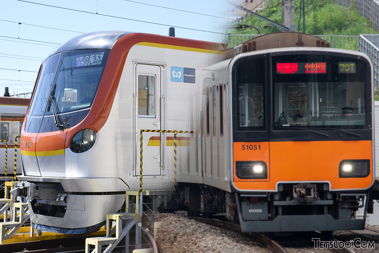 東京メトロ(左)と東武(右)の車両
