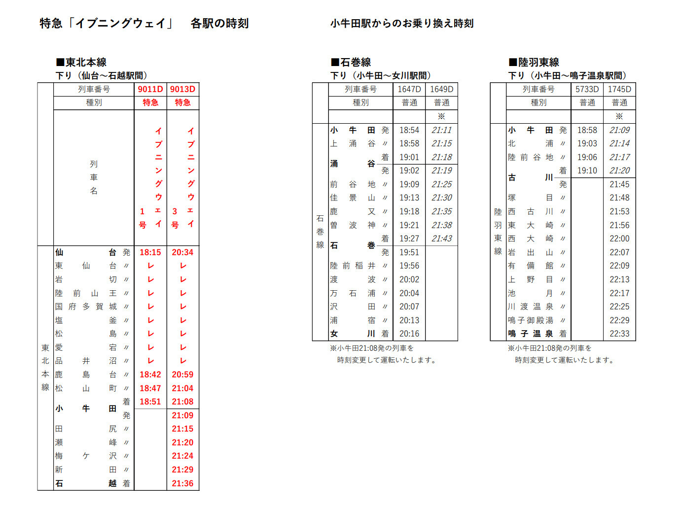 「イブニングウェイ」および接続列車の時刻表