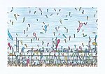 ジェット風船で歓迎される、九州新幹線のイラスト