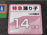 熱海駅4番線の床に掲示されている「さくら色」の乗車位置案内「特急踊り子14両編成14号車」(2021/3/14)