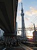 桜橋通りの踏切で完成した上り線高架橋と東京スカイツリー