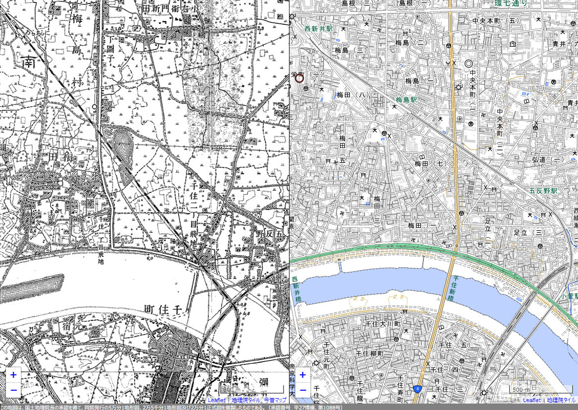 北千住近辺の1919年の地図（左）を読み込んだ状態。東武伊勢崎線の経路が現在と異なっていることがわかります（この地図は、時系列地形図閲覧サイト「今昔マップ on the web」（（C）谷 謙二）により作成したものです）