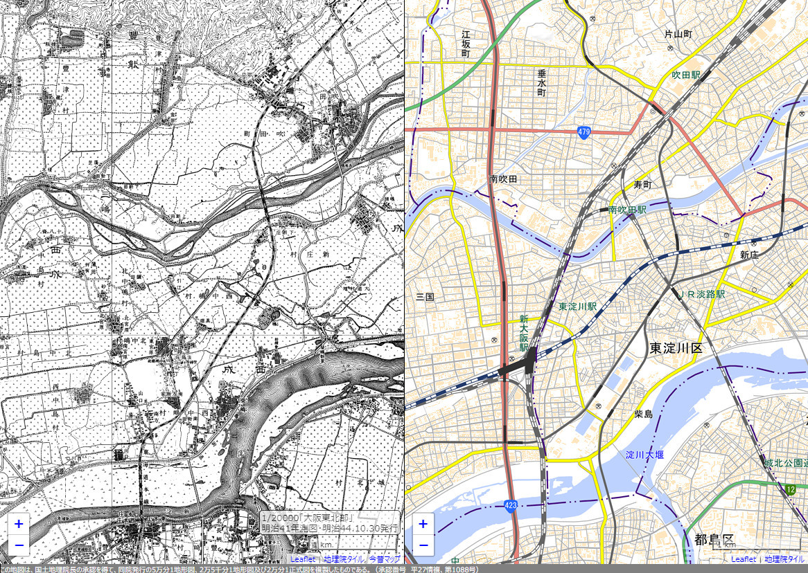 新大阪駅付近の1908年の地図（左）と現在の地図（右）の比較。東海道本線の経路が異なっています（この地図は、時系列地形図閲覧サイト「今昔マップ on the web」（（C）谷 謙二）により作成したものです）