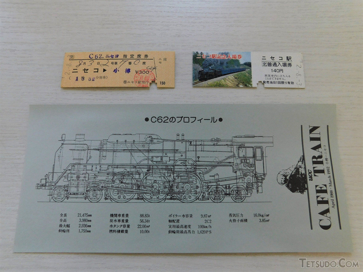 ニセコ号の指定席券、ニセコ駅の記念入場券、C62のプロフィールシート。シートの裏面は、スタンプ台紙になっていました