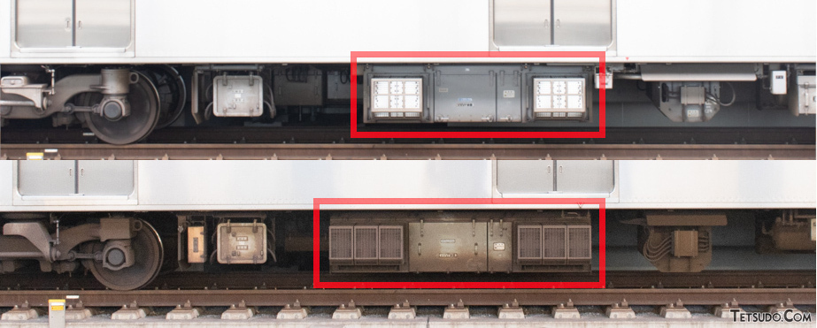 SiCによるVVVFインバータを搭載した3100形（上）と、SiによるIGBT-VVVFインバータを搭載した京成3000形（下）。3100形のものは3000形よりも小型化されているのがわかります