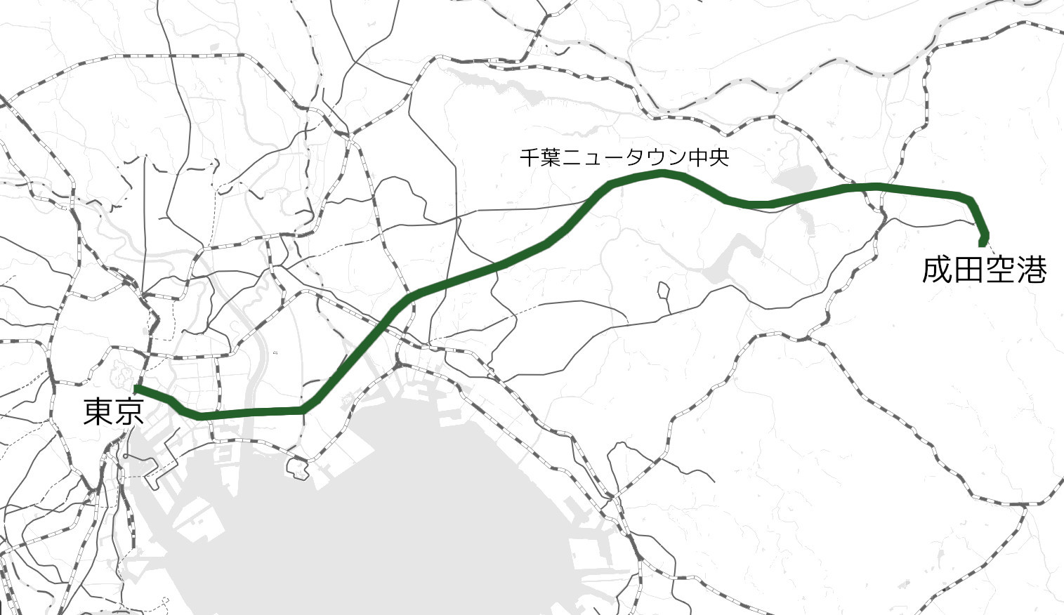 成田新幹線の路線図（国土地理院「地理院地図Vector」の淡色地図に加筆）